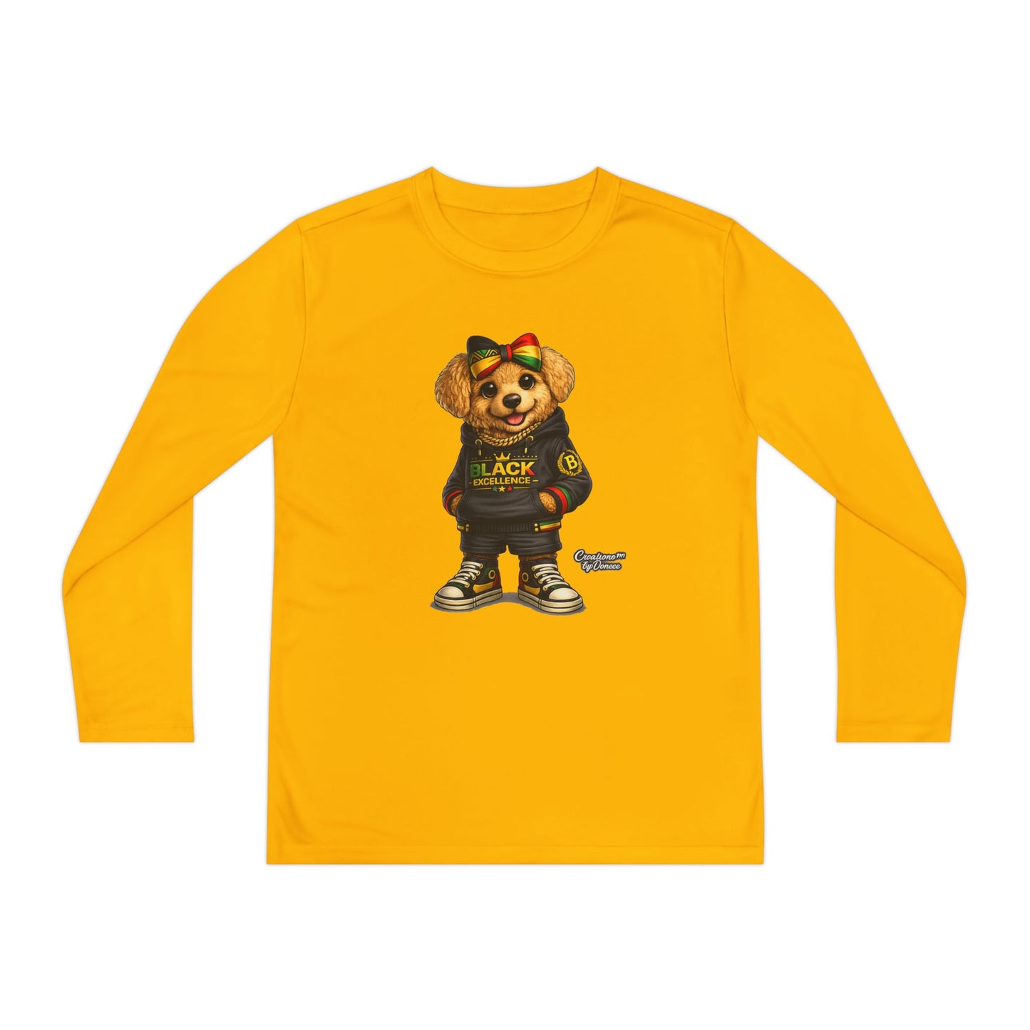Youth Long Sleeve Tee — Trendy Bear Graphic "Black Excellence"