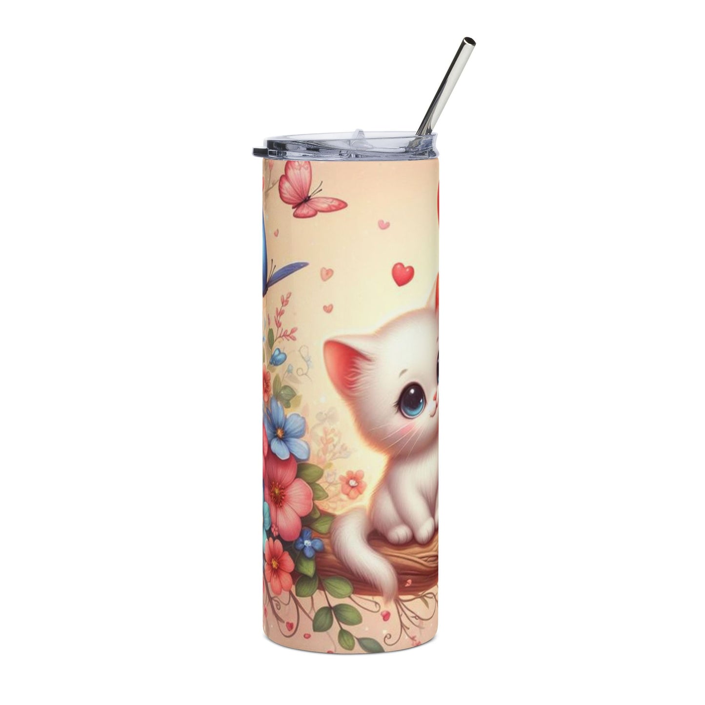 Cute Kitten Hearts 20oz Stainless Steel Tumbler — Floral Cat Travel Cup