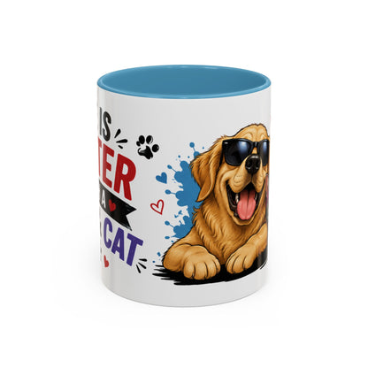 Dog and Cat Coffee Mug – "Life is Better with a Cat" Accent Ceramic Mug