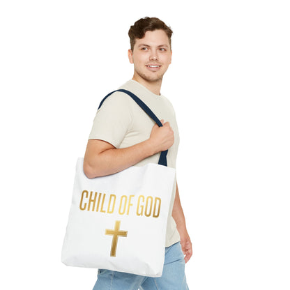 Child of God Tote Bag — Gold Cross Religious Canvas Tote