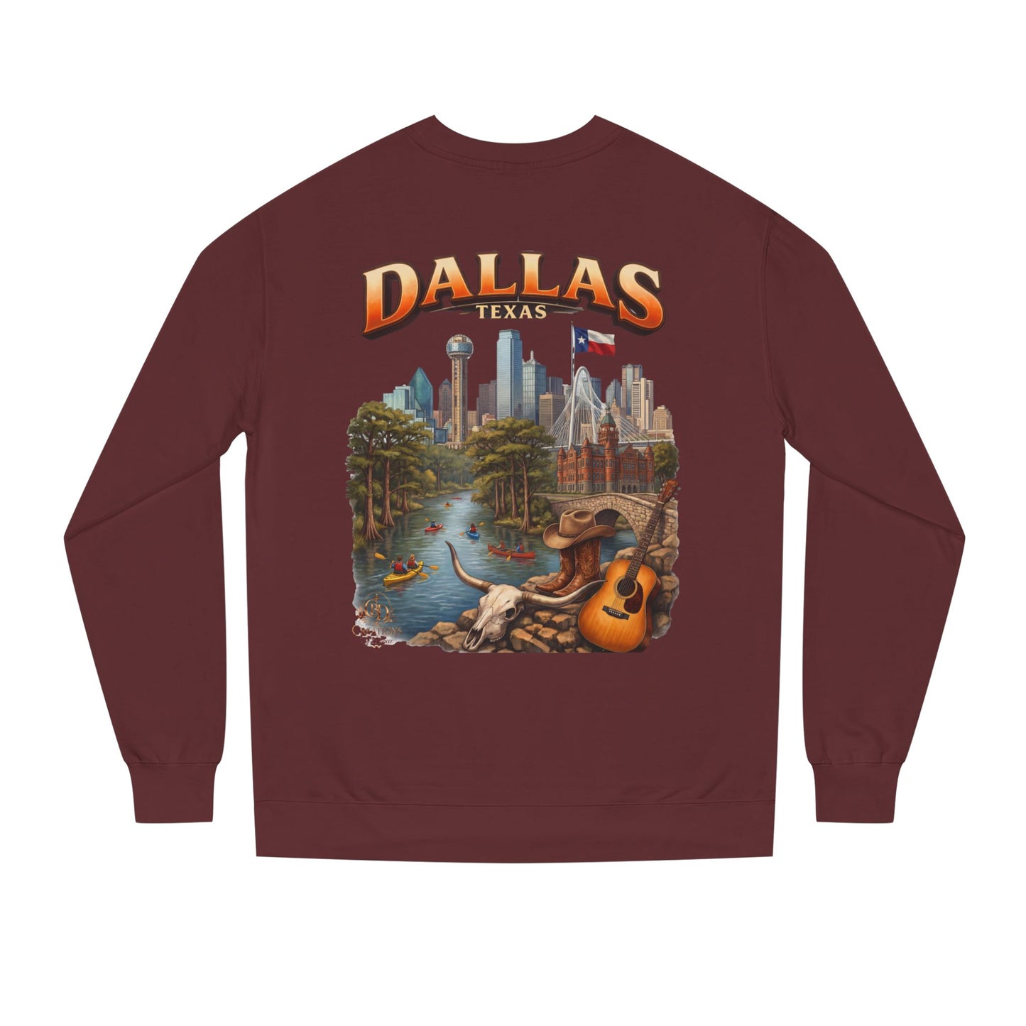 Dallas Skyline Crewneck Sweatshirt — Texas Cityscape & Acoustic Guitar Design