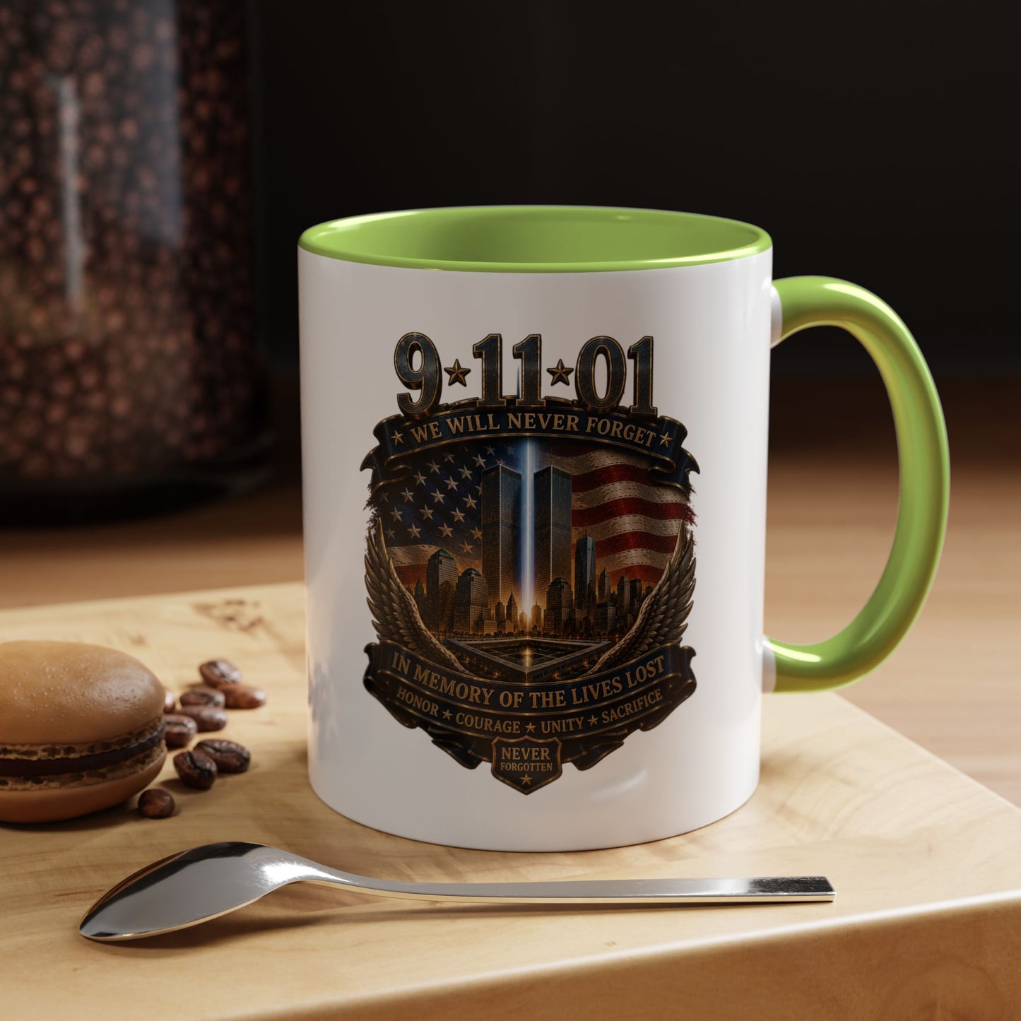 9/11 Memorial Coffee Mug — 'We Will Never Forget' Tribute Accent Mug