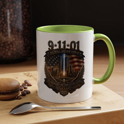 9/11 Memorial Coffee Mug — 'We Will Never Forget' Tribute Accent Mug