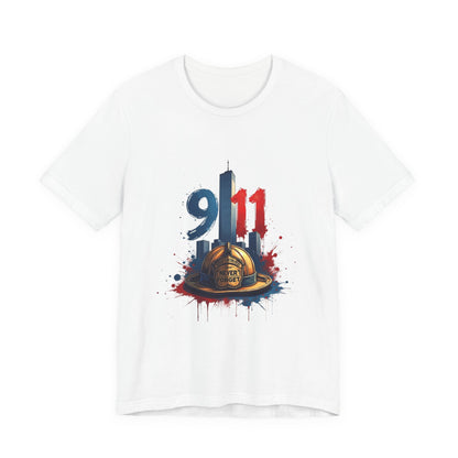 9/11 Firefighter Memorial Tee — Tribute T-Shirt with Helmet & Twin Towers Design