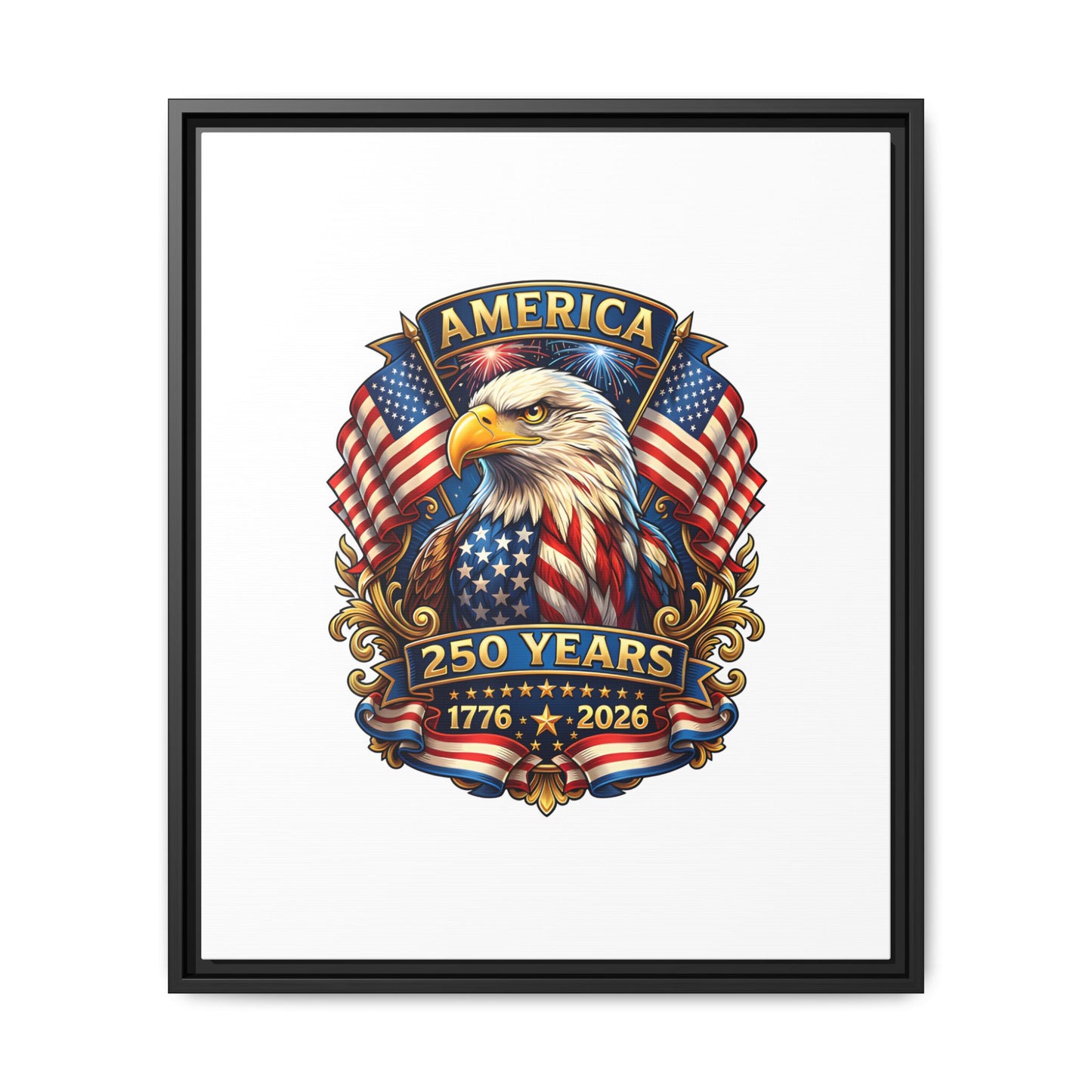 America 250th Anniversary Framed Canvas — Patriotic Bald Eagle Wall Art