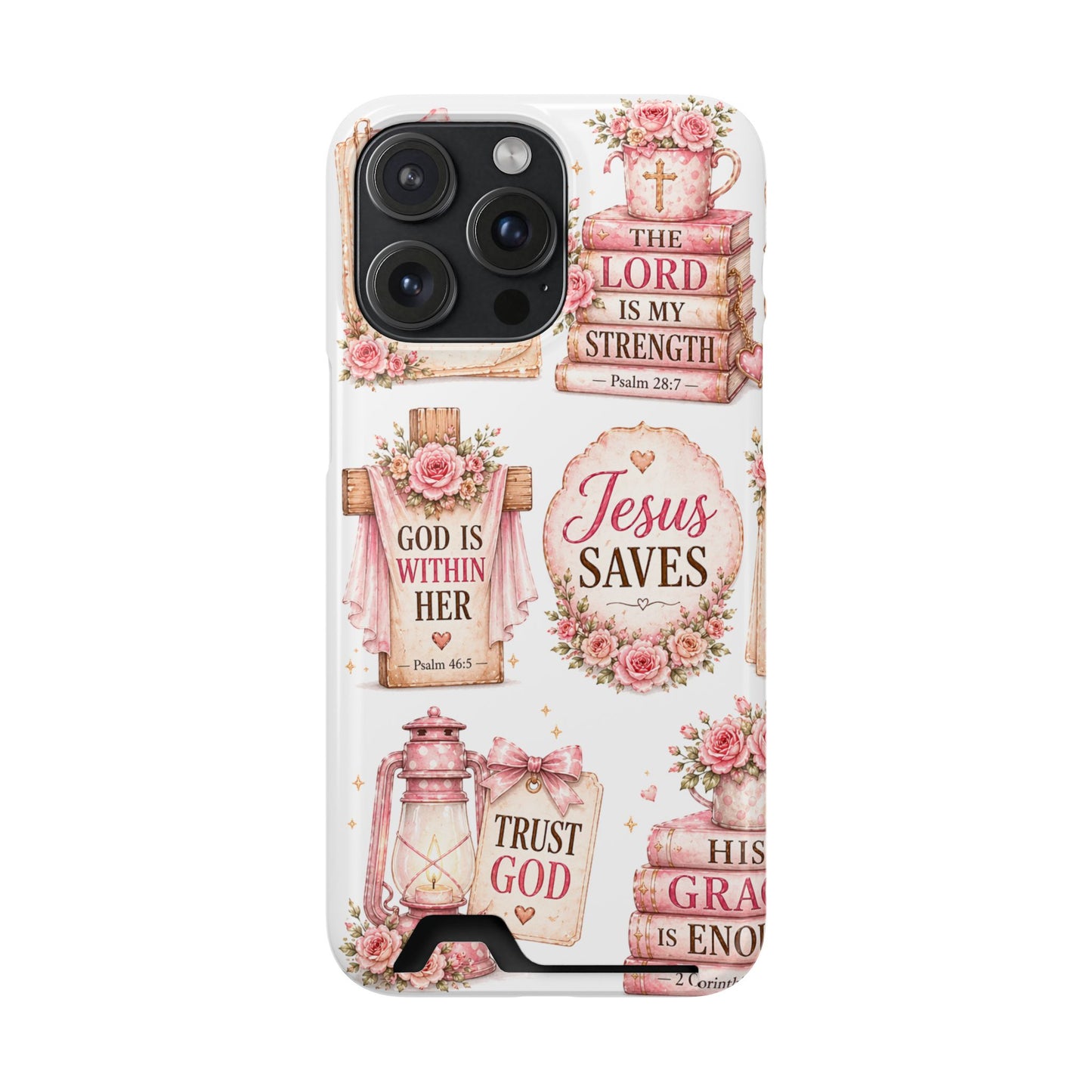 Christian Floral Phone Case with Card Holder — 'Jesus Saves' Inspirational Design