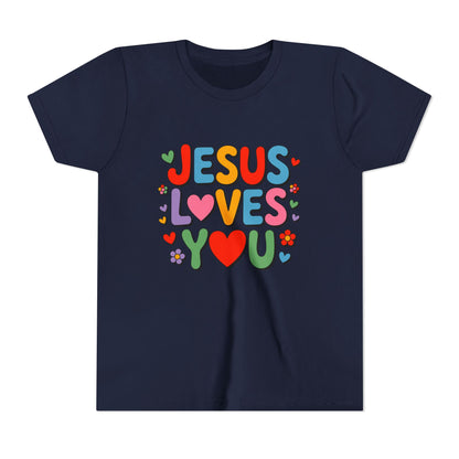 Youth Tee - "Jesus Loves You" Colorful Heart & Flower Christian Shirt