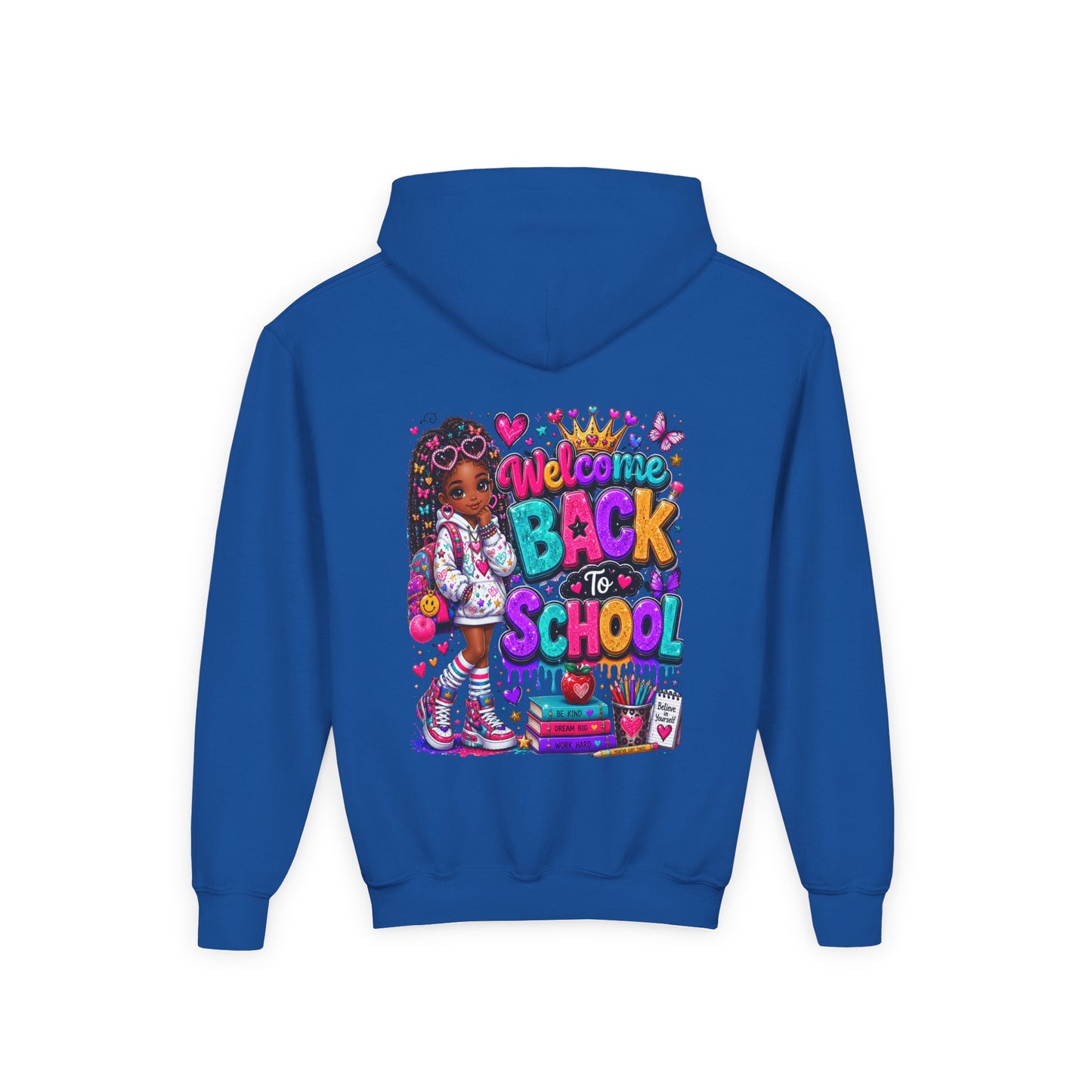 Welcome Back to School Youth Hoodie — Colorful Girl Backpack Design
