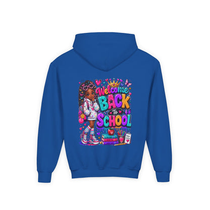 Welcome Back to School Youth Hoodie — Colorful Girl Backpack Design