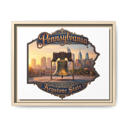 Pennsylvania Keystone State Framed Canvas Wall Art — Liberty Bell & Philadelphia Skyline