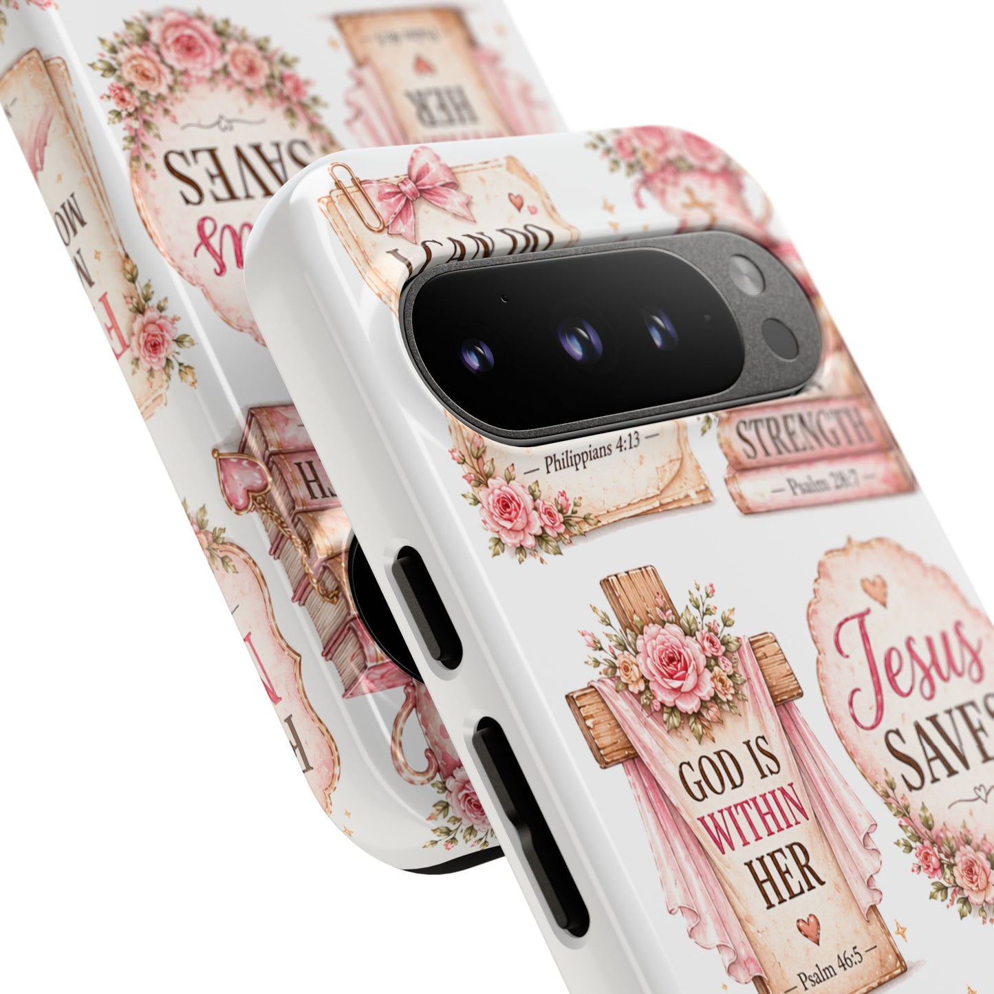 Christian Phone Case — Jesus Saves Floral Tough Case with 'God Is Within Her' & 'Trust God' Design