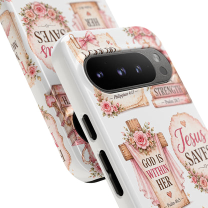 Christian Phone Case — Jesus Saves Floral Tough Case with 'God Is Within Her' & 'Trust God' Design