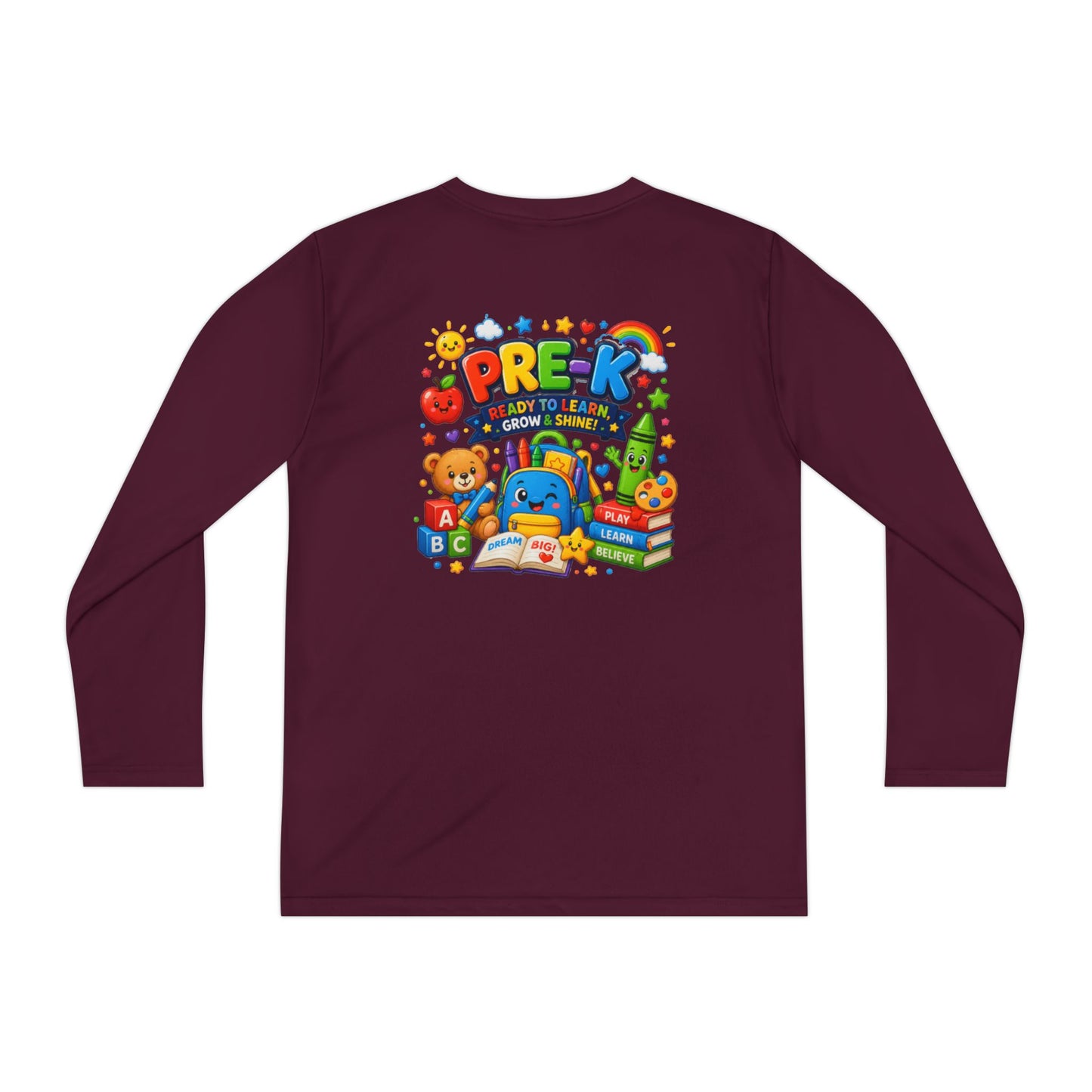 PRE-K Kids Long Sleeve Tee — Back-to-School Preschool Shirt ("Ready to Learn, Grow & Shine")