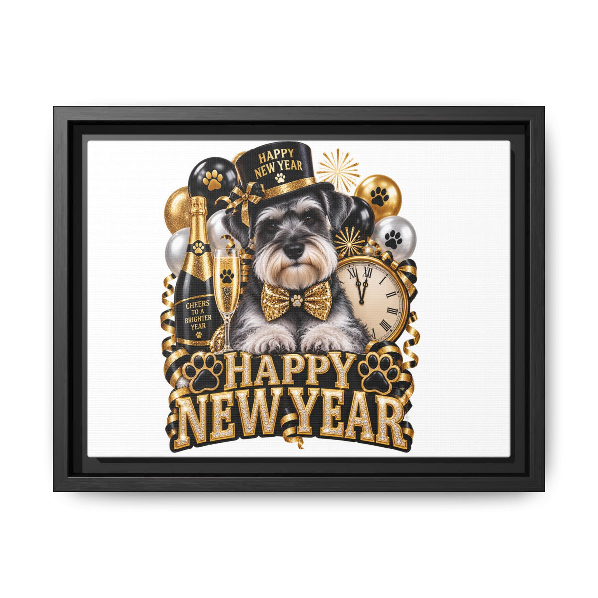 Happy New Year Schnauzer Matte Canvas Framed Art