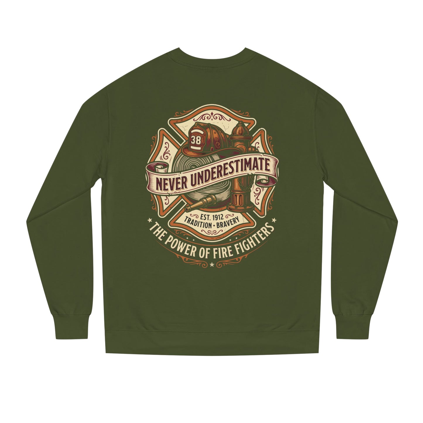 Firefighter Crewneck Sweatshirt — "Never Underestimate" Vintage Firefighter Badge