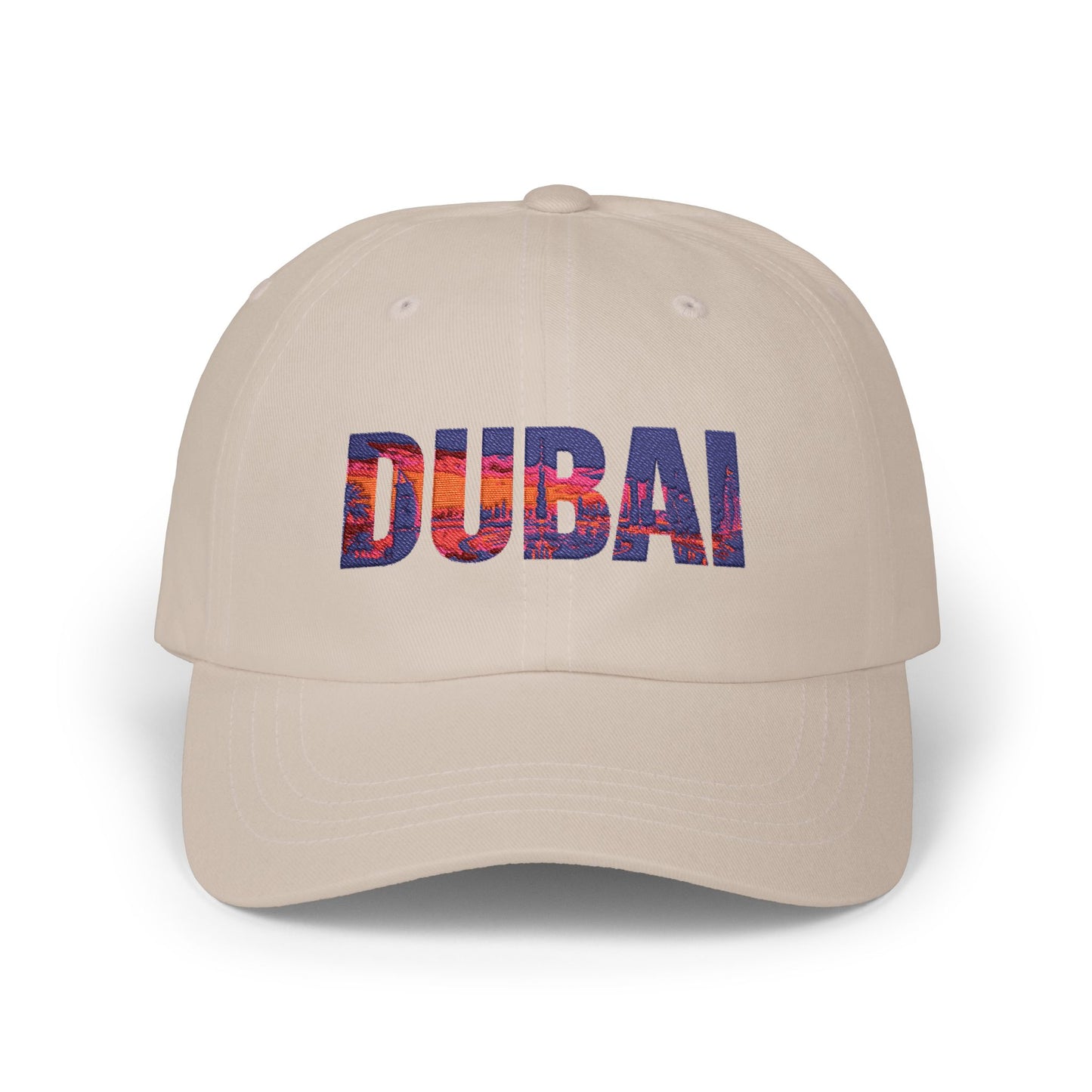 Dubai Dad Cap — White Classic Baseball Hat with Dubai Skyline Text