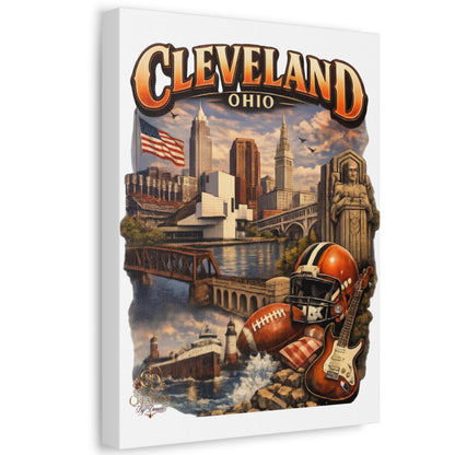 Cleveland Ohio Vintage Collage Stretched Canvas — Rock & Football City Skyline Wall Art