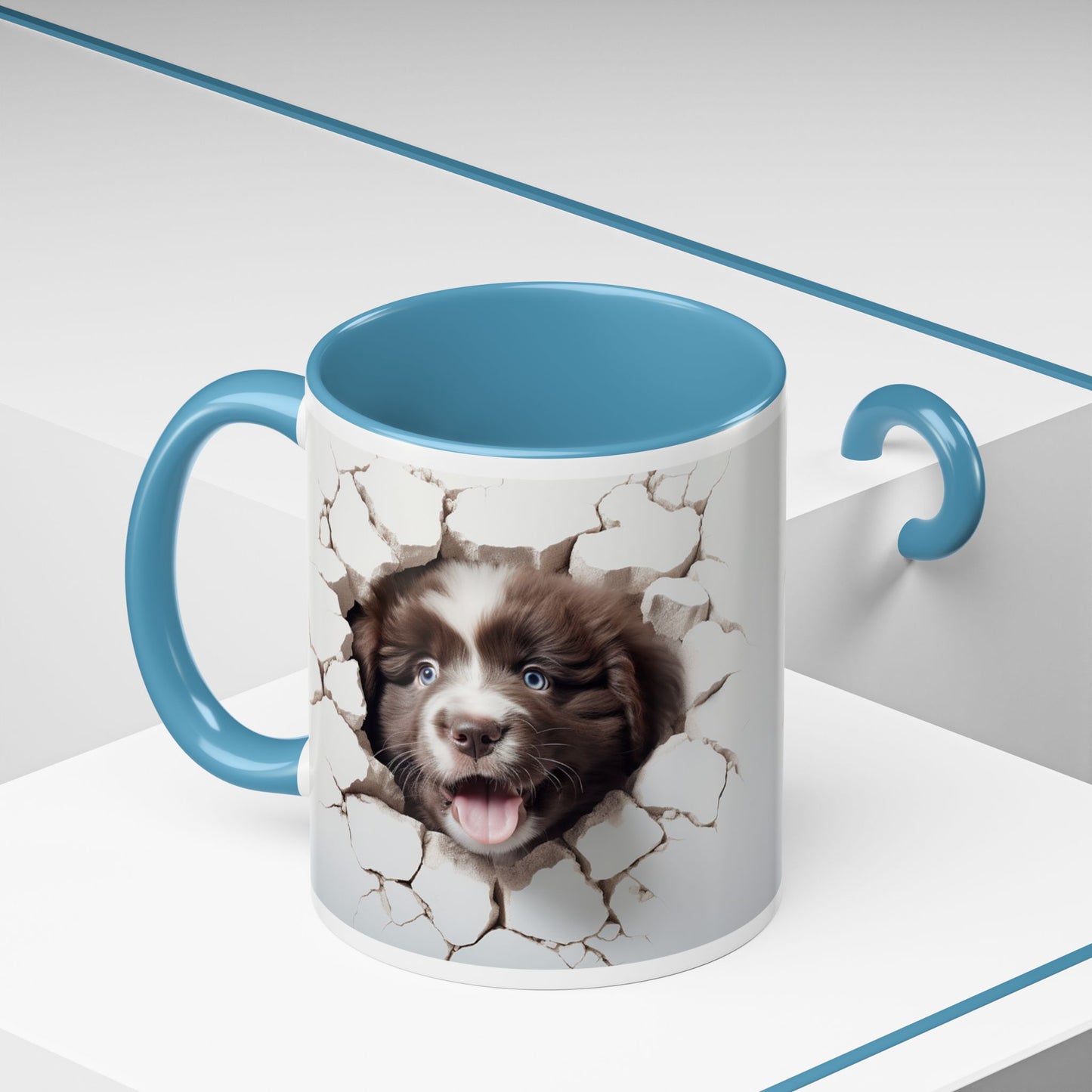 Puppy Breakthrough Accent Coffee Mug (11/15oz) — Cute Dog Face Cracked Wall Design