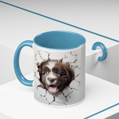 Puppy Breakthrough Accent Coffee Mug (11/15oz) — Cute Dog Face Cracked Wall Design