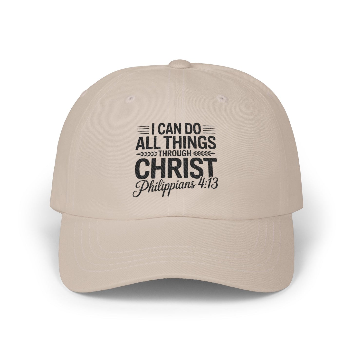 Philippians 4:13 White Dad Cap — "I Can Do All Things Through Christ" Christian Baseball Hat