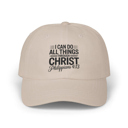 Philippians 4:13 White Dad Cap — "I Can Do All Things Through Christ" Christian Baseball Hat