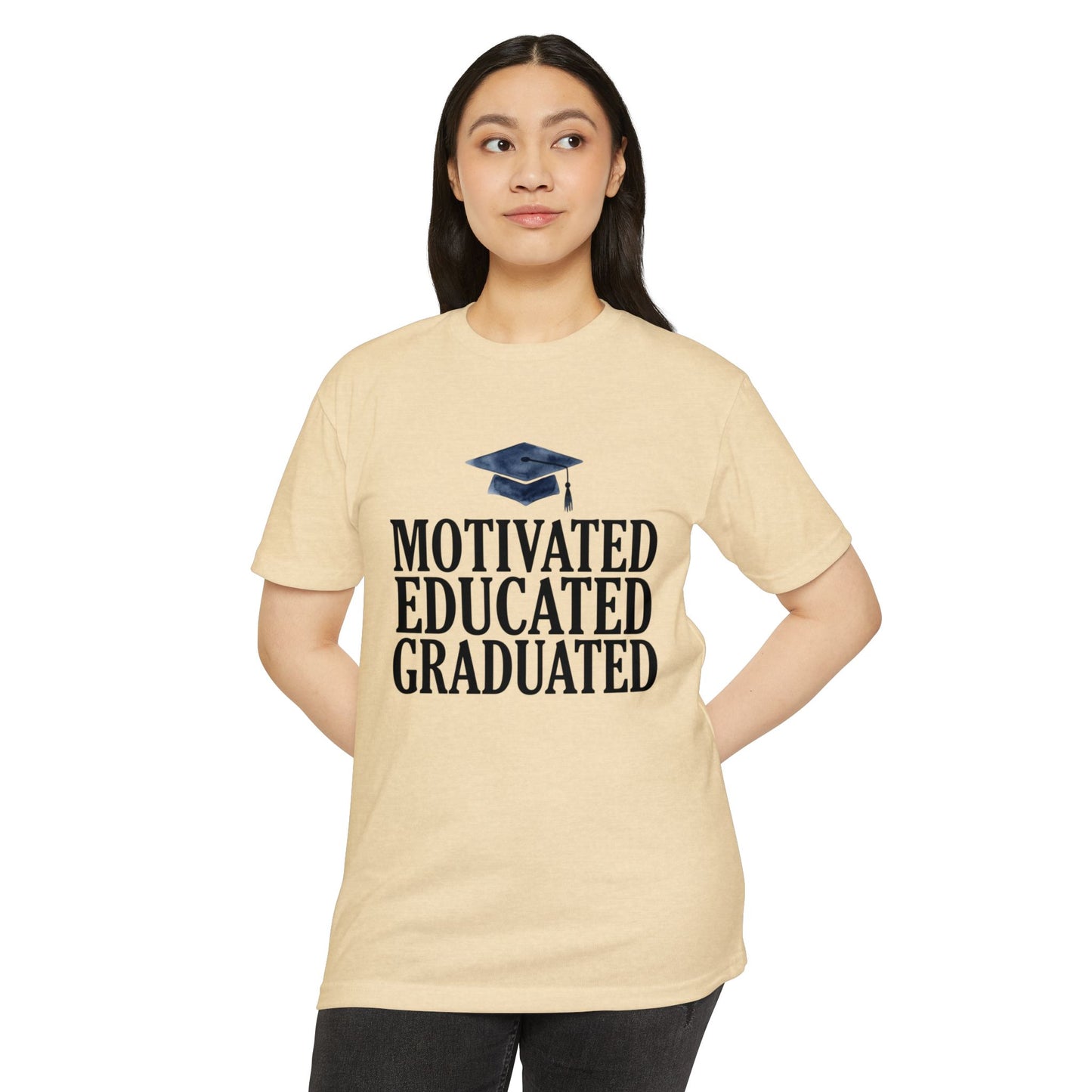 Graduation Tee — "Motivated Educated Graduated" Cap Design