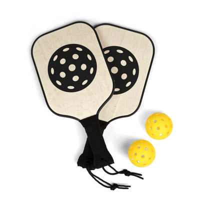 Pickleball Paddles Set — Wooden Paddle Kit with Ball Graphic & 2 Yellow Balls