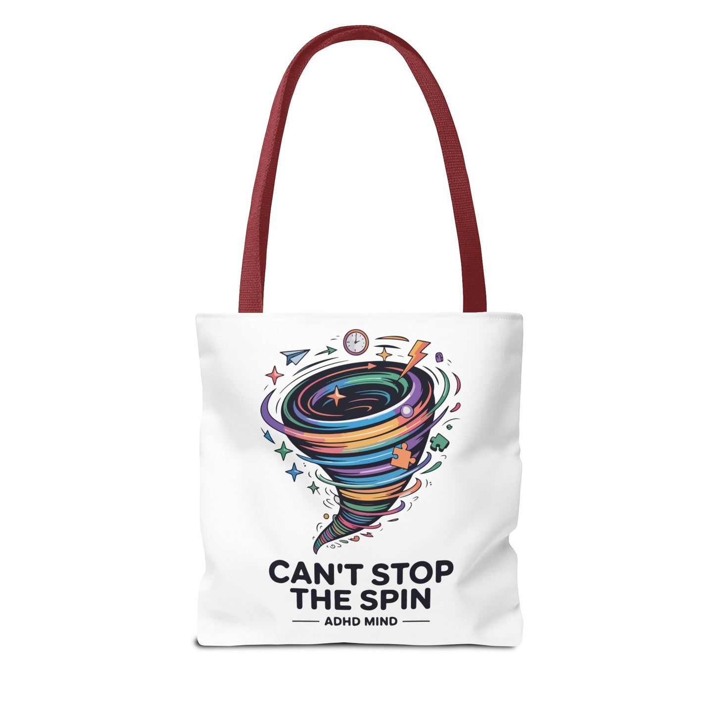 Tote Bag — “Can’t Stop The Spin” ADHD Mind Colorful Tornado Tote