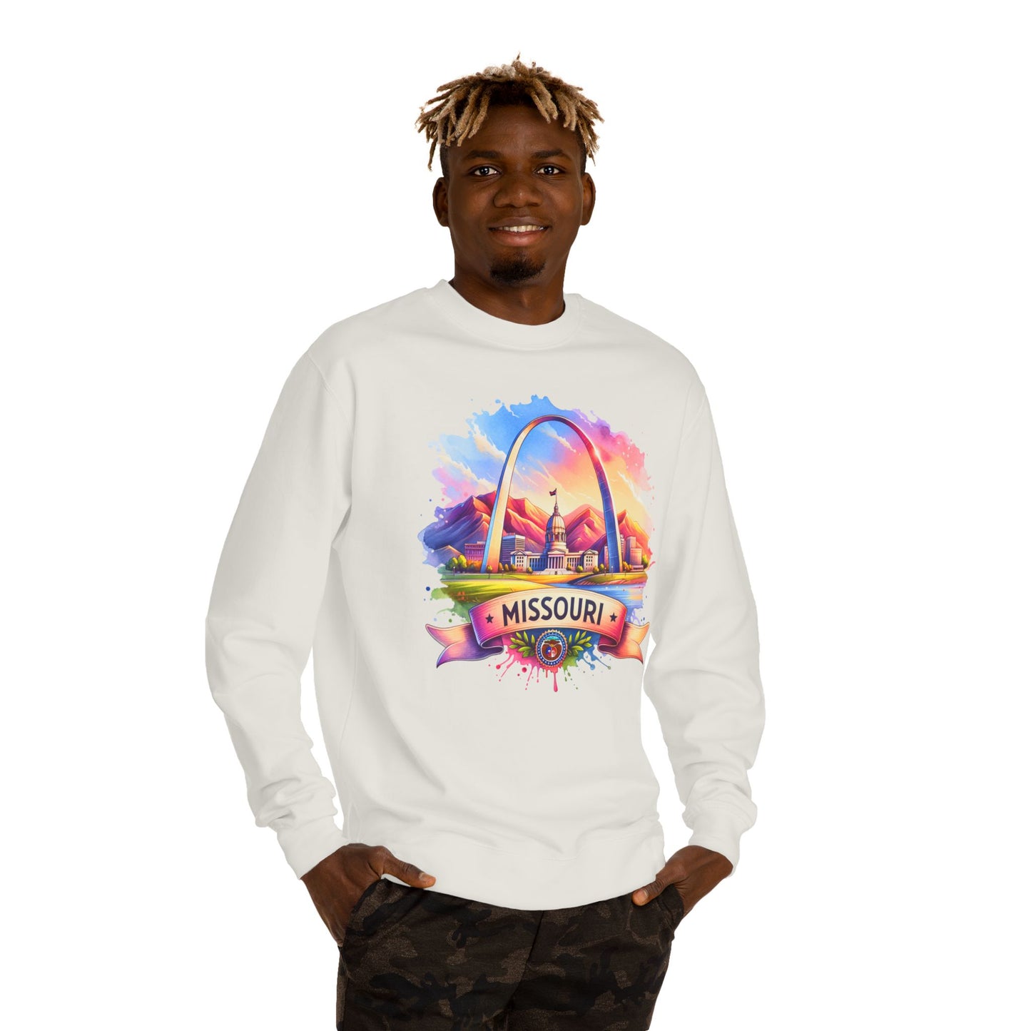 Missouri Arch Watercolor Sweatshirt — Colorful St. Louis Landmark Crewneck