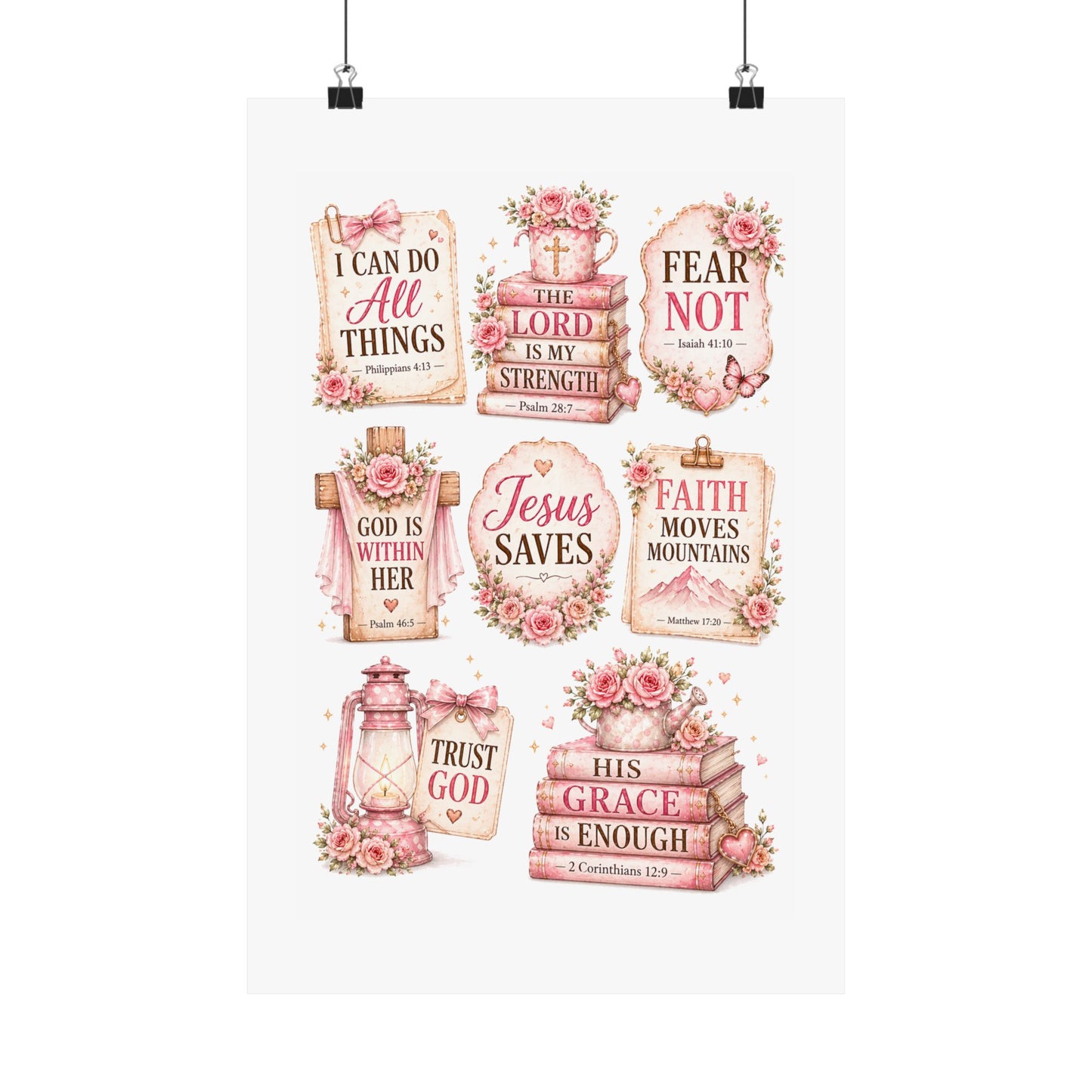 Christian Scripture Matte Poster - Floral 'Jesus Saves' & Encouraging Verses (Vertical)