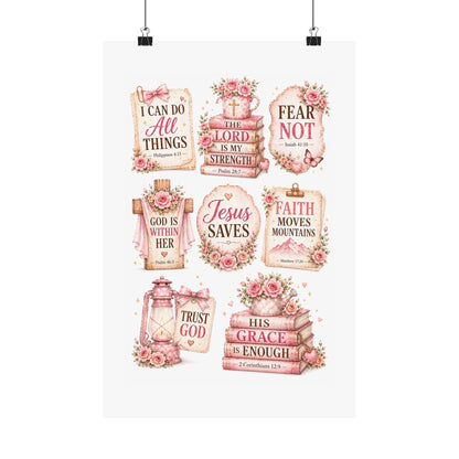 Christian Scripture Matte Poster - Floral 'Jesus Saves' & Encouraging Verses (Vertical)