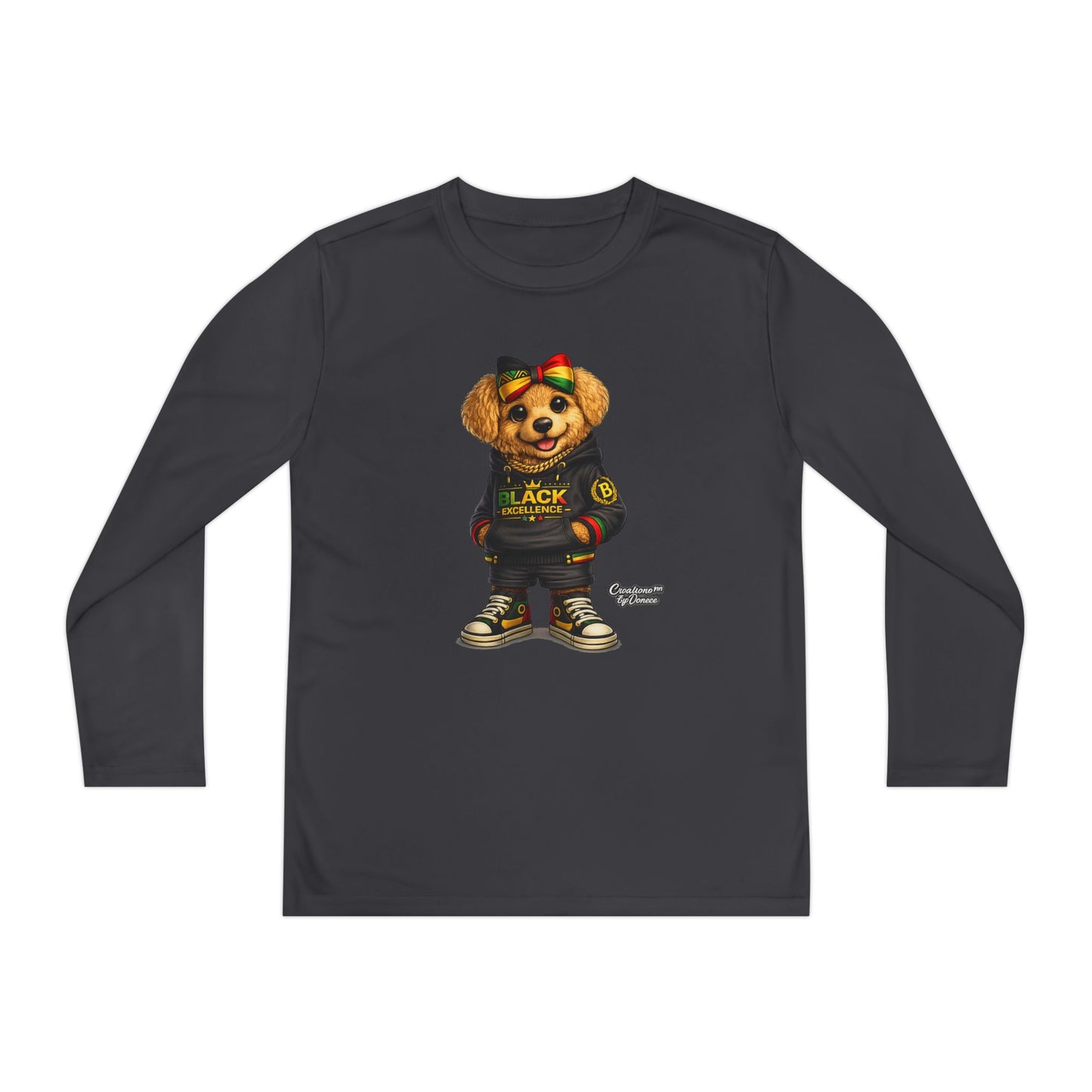 Youth Long Sleeve Tee — Trendy Bear Graphic "Black Excellence"