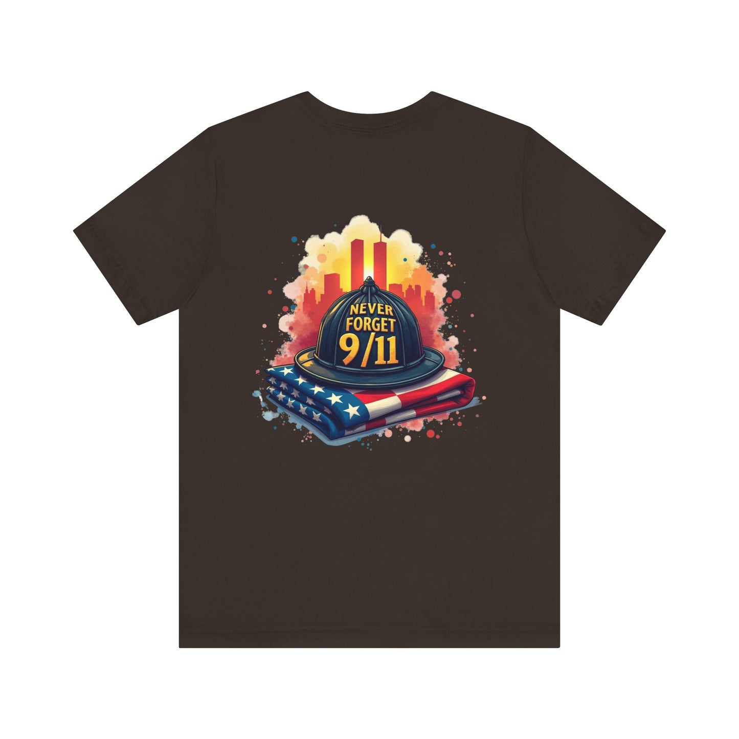 Never Forget 9/11 Memorial T-Shirt — Firefighter Helmet & Flag Tribute Tee
