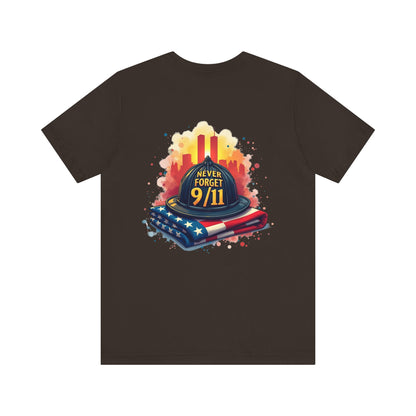 Never Forget 9/11 Memorial T-Shirt — Firefighter Helmet & Flag Tribute Tee