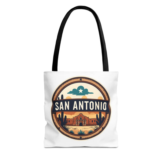 San Antonio Vintage Badge Tote Bag — Retro Texas Travel Market Tote