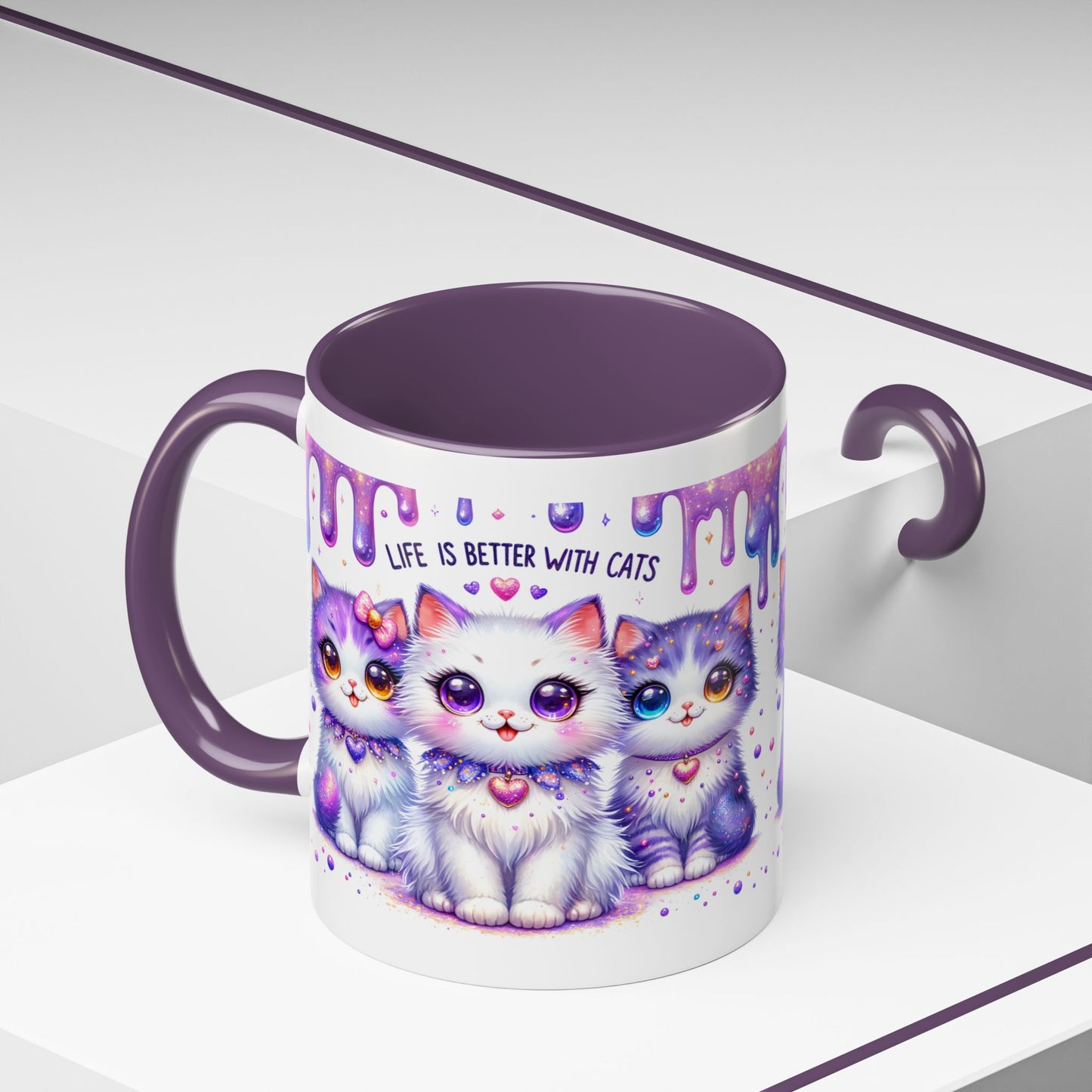 Cute Purple Kawaii Cats Accent Coffee Mug – "Life Is Better With Cats" (11/15 oz)