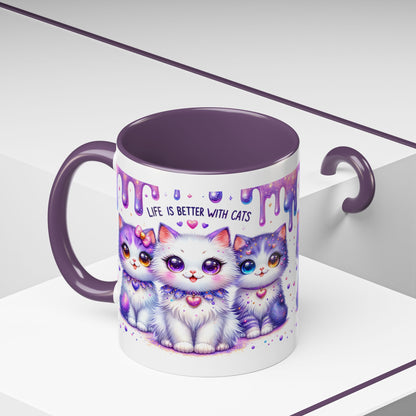 Cute Purple Kawaii Cats Accent Coffee Mug – "Life Is Better With Cats" (11/15 oz)