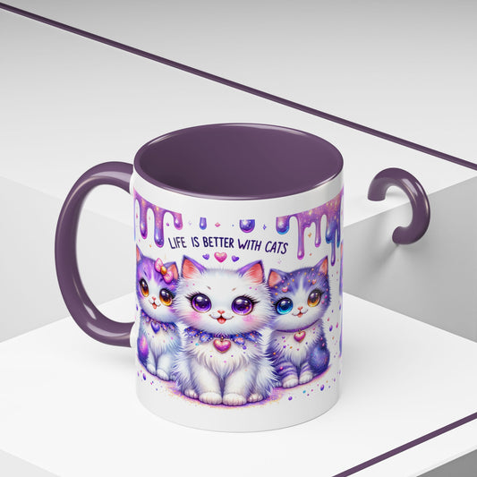 Cute Purple Kawaii Cats Accent Coffee Mug – "Life Is Better With Cats" (11/15 oz)