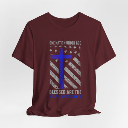 Blessed Are the Peacemakers T‑Shirt — Thin Blue Line Cross, "One Nation Under God" Patriotic Police Tee
