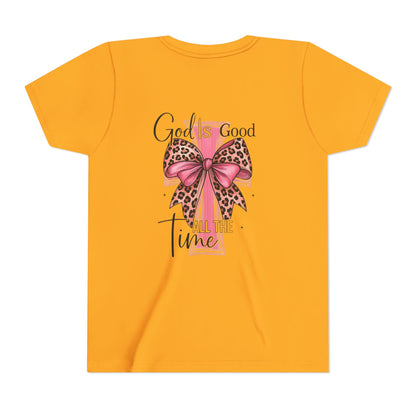 Youth Tee — "God is Good All the Time" Pink Cross with Leopard Bow