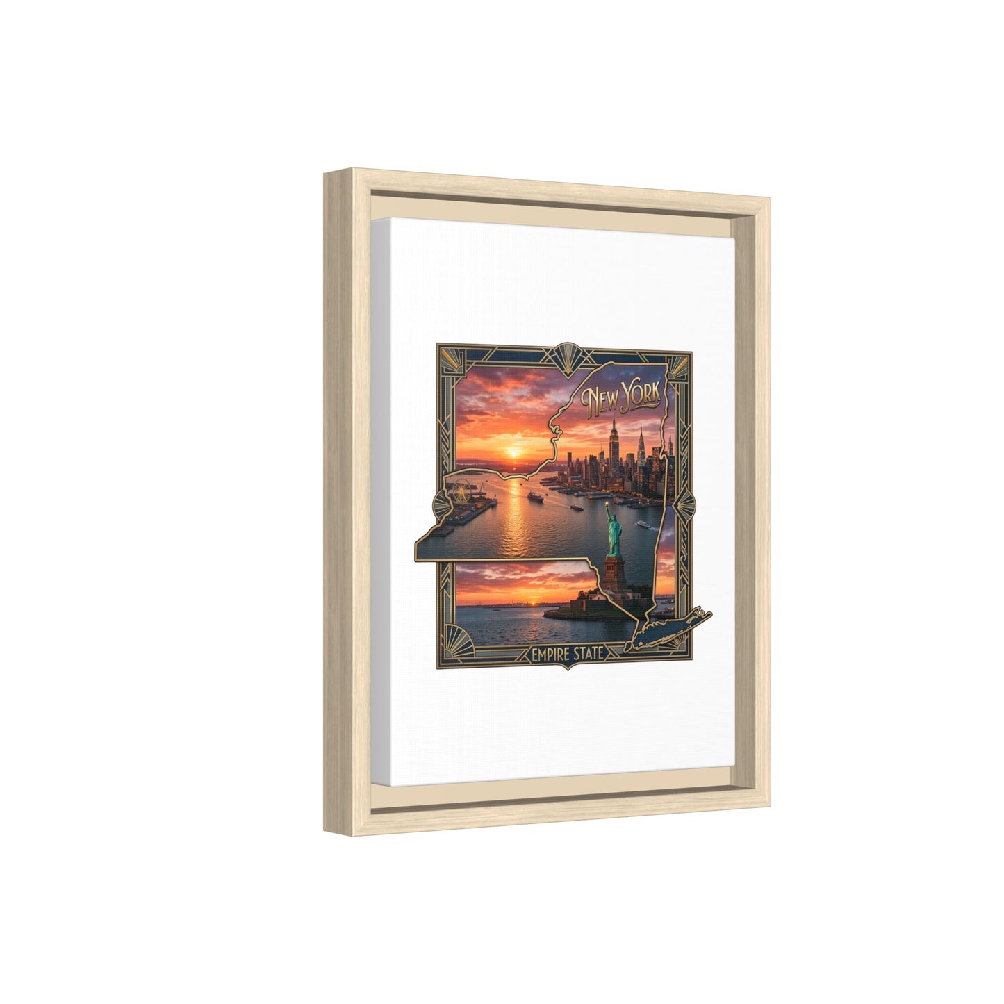 Framed Matte Canvas Wall Art — New York City Sunset Skyline with Statue of Liberty
