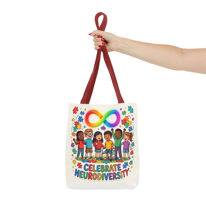 Celebrate Neurodiversity Tote Bag — Rainbow Infinity Symbol & Kids Design