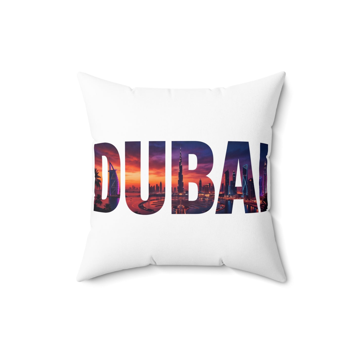 Dubai Skyline Photo-Text Throw Pillow — Travel Souvenir Decorative Cushion