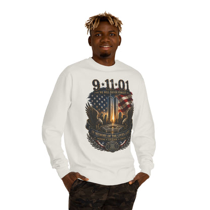9/11 Memorial Sweatshirt - ‘We Will Never Forget’ Tribute Crewneck with Twin Towers & Flag