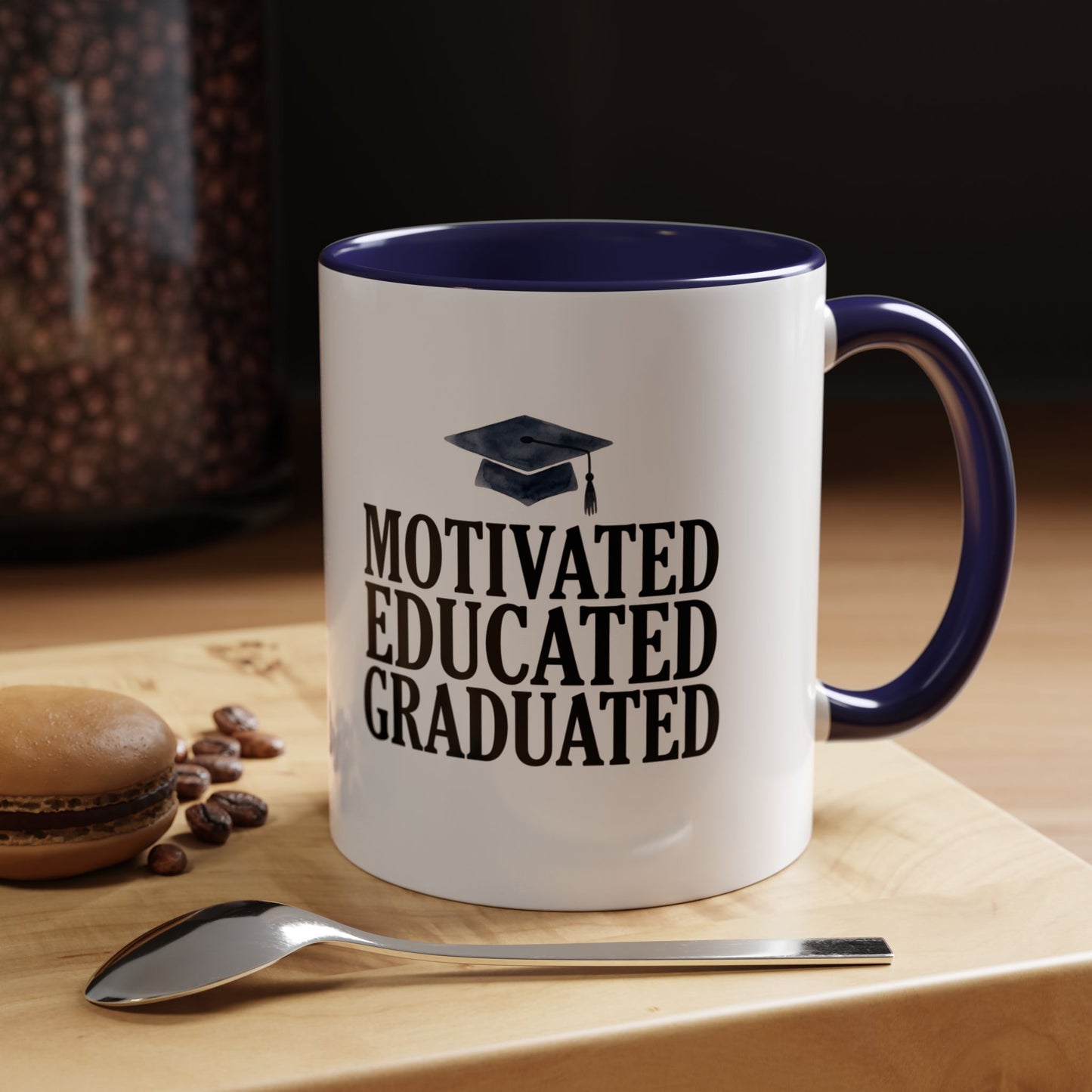 Graduation Coffee Mug – "Motivated Educated Graduated" Accent Ceramic Mug