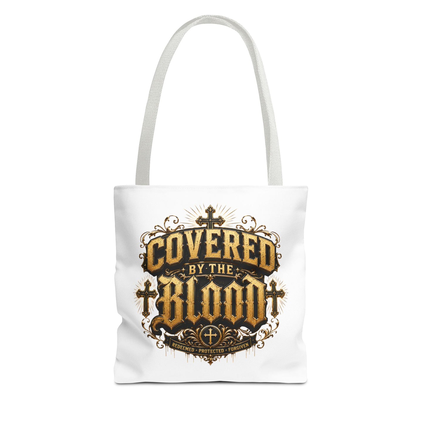 Covered by the Blood Tote Bag — Christian Cross Faith Canvas Tote