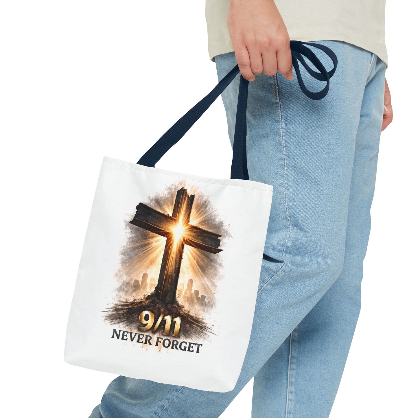 9/11 Never Forget Cross Memorial Tote Bag — Patriotic Remembrance Shopper