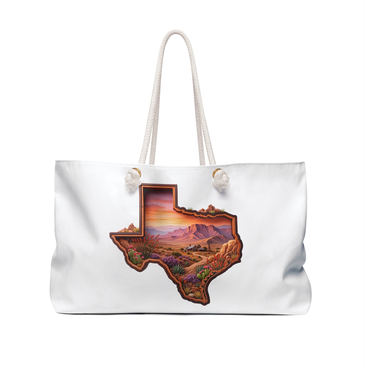 Texas Desert Sunset Weekender Bag — Scenic State Outline Travel Tote