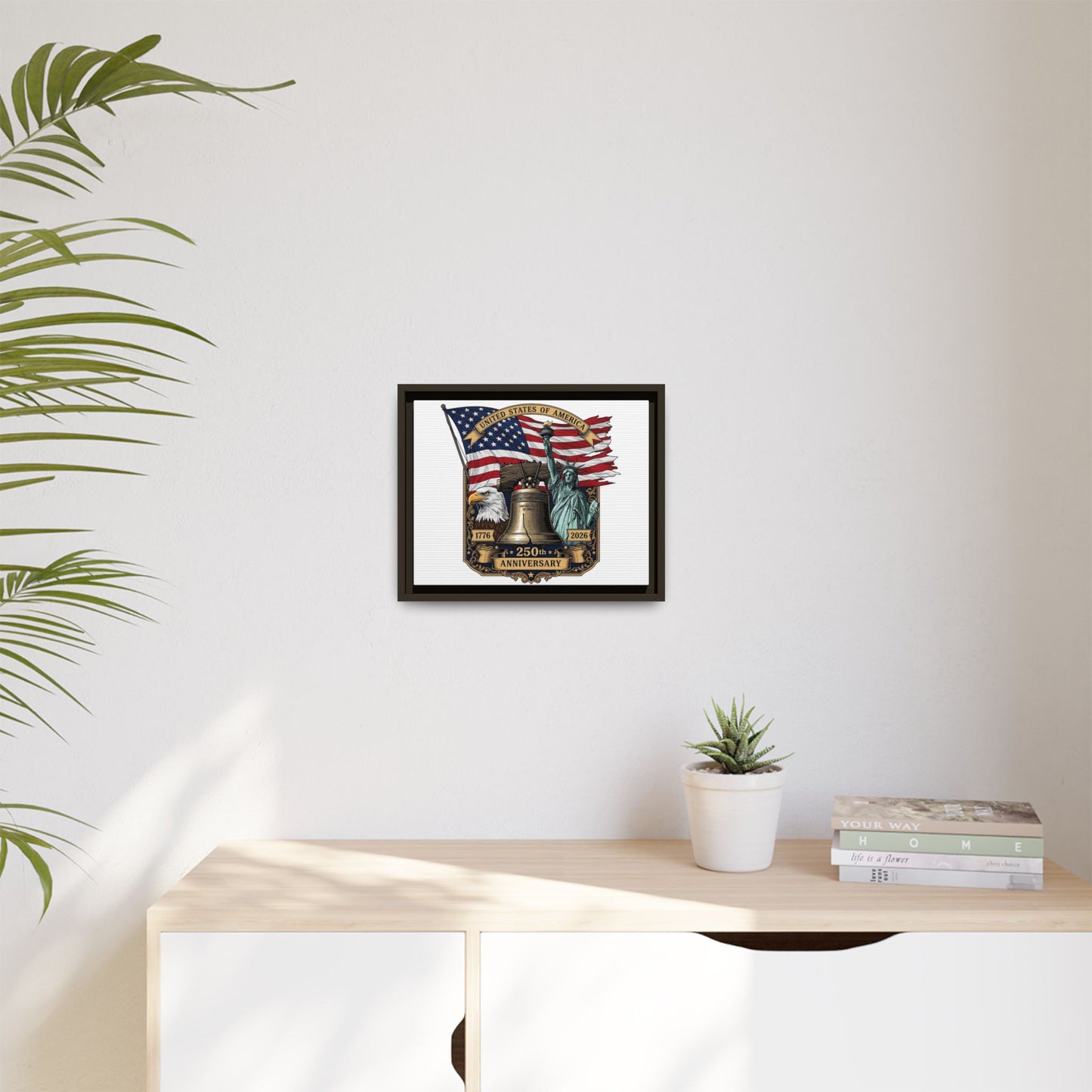 Liberty 250th Anniversary Framed Canvas Print — American Flag, Statue of Liberty & Liberty Bell Art