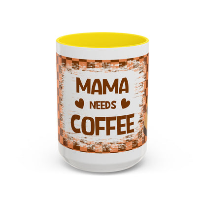 Mama Needs Coffee Accent Mug — 11/15oz Brown Checkered Coffee Cup